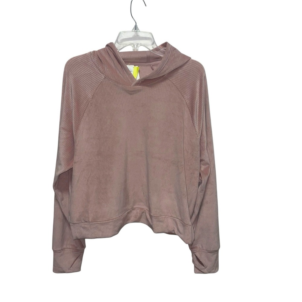 All In Motion Velour Rib Hoodie Large Pink Long Sleeve Soft Stretch Pullover NWT